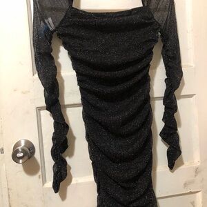 SHEIN Black Ruched Bodycon Dress with Bishop Sleeves